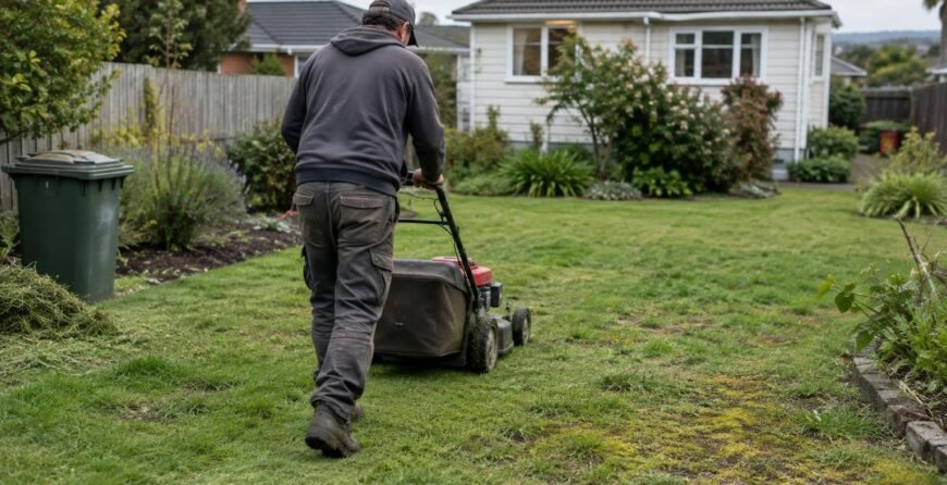 Gardener pushing a petrol lawn mower across a patchy residential lawn in Auckland on an overcast day.